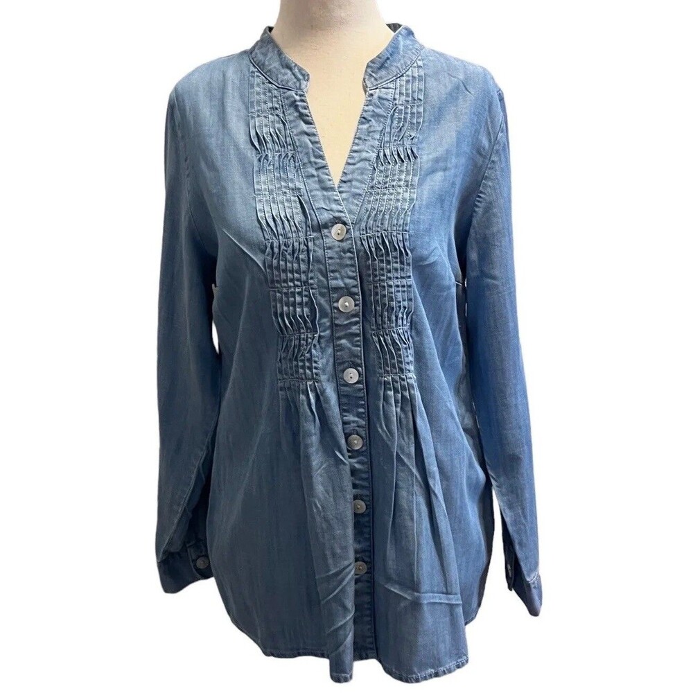 Soft Surroundings Denim Chambray Long Sleeve Pleated Tunic Blouse Top Size PS